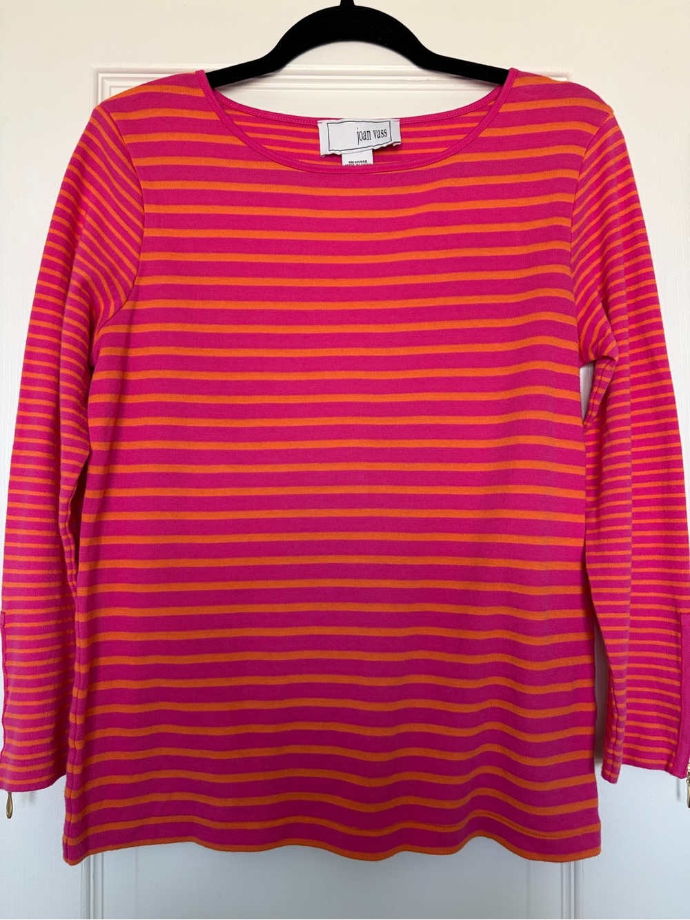 Joan Vass Hot Pink Orange Stripe Knit Top Boat Neck Zip Cuff Size 1 (M)